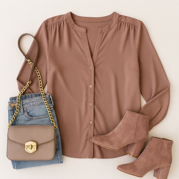 Sparkle & Fade Blouse Mauve Pink Button Down Long Sleeve Minimalist M - Picture 2 of 6